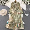 Basic Casual Dresses Light Mature Style Elegant Maxi Dress Women Retro Temperament Lantern Long Sleeve Bow Tie Waist Up A-Line Printed Z2716 YQ231025