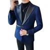 Ternos masculinos pu emendamento fechamento-gola blazers cinto masculino fivela única casual terno de negócios jaquetas banquete social smoking casaco roupas