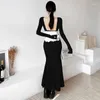 Casual Dresses French Hepburn Style 3d Petal Panel Design Back Hollow Out Fishtail Dress Women Autumn Fashion Long Sleeve Slim