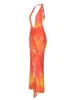 Casual Dresses Women's Floral Print Sleeveless Tie -up Halterneck Backless Maxi Dress with Ruffled SLIT - Perfekt för strand- eller sommarevenemang