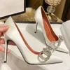 Amina muaddiHigh Heel Women's 2023 New Bow Knot Rhinestone Shallow Mouth Small Design Sense Celebrity Pointed Fine Heel Silk Satin Single Shoes