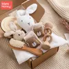 Keepsakes Baby Double Sided Cotton Blanket born Bath Set Gifts Box Wooden Crochet Rattle Brushs Bracelet Towel For Shower Gift 231026