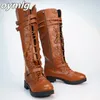 Buty kolanowe wysokie buty jesienne zimowe koronki płaskie buty seksowne steampunk pu retro buts buts damskie śnieg 231025