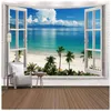 Tapestries Imitation Window Landscape Tapestry Wall Hanging Tropical Tree Art Home Decoration Sea Sunrise Dorm 231026