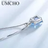 Pendant Necklaces UMCHO Gemstone Nano Blue Topaz Pendants Necklaces for Women Brand Fine Jewelry Genuine 925 Sterling Silver Square Party Jewelry Q231026