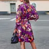 Basic Casual Dresses Commuter Elegant Pleat O Neck Long Sleeve A-Line Dress Casual Fashion Lace-up Loose Dress Autumn Women Floral Print Mini Dresses T231026