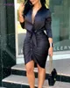 2024 Summer Womens Designer Clothing Dress V-Neck Pet Up Solid Long Sleeve Medium Length Shirt Dresses For Woman Robe Sexy Outfits