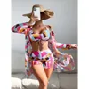 Kvinnors badkläder Kvinnor Floral Print Bikinis Set 2023 Sexig tre -stycken Beach Cover Up Push Summer Long Sleeve Twist Bathing Suit