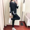 Women's Two Piece Pants Autumn Runway 2 Pieces Set Knitted Long Sleeve Pullovers Sweater Casual Patchwork Fashion Women Tops and Pants Suits Spring 231026