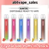 Sunfire 600 Puffs Crystal Bar Disposable Vape Elektronische sigaret met LED -verlichting Display Luchtstroom Verstelbaar gaas Coil Puff 600 Pen Watermelon Cola Instock Fast EU