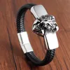 Lion Leather Rope Men Bracelet Stainless Steel Magnetic-clasp Cowhide Braided Multi Layer Wrap Trendy Armband pulsera hombre228u