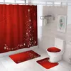 샤워 커튼 레드 크리스마스 트리 욕실 세트 샤워 커튼 방수 산타 클로스 방지 깔개 화장실 커버 목욕 커튼 후크 231025