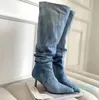 Botas azul denim joelho alto cowboy para mulheres outono plissado saltos longos mulher stiletto salto jeans botas sapatos