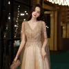 Etnisk kläder Champagne V Neck Tulle Long aftonklänningar Kvinnor Eleganta paljetter Tassel Formell festklänning A-Line Prom Gown Vestido