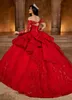 Red Ball Gown Lace Quinceanera Dresses Appliqued Prom Gowns With Long Sleeves Sequined Off The Shoulder Neckline Tulle Sweet 15 Masquerade Dress