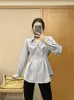 Kvinnor Blusar Spring Autumn Women Solid Shirts Office Lady Lady Slim Womens Mid Length Tops and Korean Long Sleeve Blue Clothing