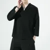 민족 의류 중국 스타일의 큰 v- 넥 순수한 컬러 긴 소매 남자 티셔츠 탕 꼭