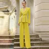 Kvinnors tvådelade byxor Knappdekoration Spring Yellow Jacket Blazer Wide Leg Elegant Set Office Outfits