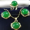 Orecchini in giada verde da 10 mm, anello, collana, pendente, set, orologio placcato, intera pietra di quarzo CZ cristallo232n