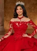 Red Ball Gown Lace Quinceanera Dresses Appliqued Prom Gowns With Long Sleeves Sequined Off The Shoulder Neckline Tulle Sweet 15 Masquerade Dress