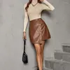 Etekler kadın sahte deriler yüksek bel mini etek pu bölünmüş bodycon kısa düğmeli vintage sokak kıyafeti a-line