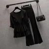 Women's Two Piece Pants Summer Ruffle Pleated Chiffon Shirt Top Black Casual Wide Leg Elegant Set Female Sports Suit