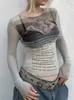 T-shirt da donna Personalità alla moda Contrasto colore Lettera Stampa Magliette Manica lunga Y2k Vedere attraverso T-shirt sexy Donna Garza che fondo Tee