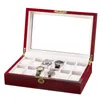 Bolsas de jóias 12 slots caixa de madeira relógio display vidro superior organizador de armazenamento presentes brilhante mogno vermelho