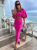 Arbeitskleider, elegant, figurbetont, sexy Kombi-Sets, Damen-Outfits, quadratischer Ausschnitt, kurzes Puffärmel-Crop-Top und Midi-Bleistiftrock, zweiteiliges Set