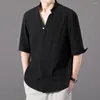 Erkekler rahat gömlek yaz üstleri erkekler için temel tees kısa kollu moda düz renk bluz rahat v boyun keten erkek