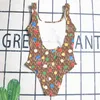Conjunto de bikini de estilo vendaje para mujer, traje de baño de una pieza con estampado de Color, letras de diseñador, sujetador con cordones sexy, traje de baño con almohadilla de secado rápido
