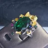 Pierścienie klastra Wysokiej jakości szmaragdowy pierścień lamparta włoski kunszt vintage szczotkowane czarne złoto dwukolorowe biżuteria z otwartą imprezą