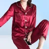 MISSKY 2PCSSet Women Pajama Sets Sleep Wear Solid Color Lapel Imitation Silk Long Sleeve Home Wear2790235