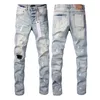 2023 Calças de brim roxas Designer Jeans Mens Jeans Homens Joelho Skinny Straight Tamanho 28-40 Motocicleta Trendy Long Straight Hole High Street Denim Atacado Jeans para Mens