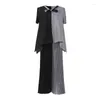 Kvinnors tvåbitar byxor Miyake Pleated Suit Women 2023 Summer Contrast Color Loose Top Elastic midjetryck Bred benuppsättningar