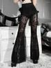 Pantalon Femme InsDoit Gothic Black Summer Flare Femmes Lolita Streetwear Voir à travers Sexy Taille Haute Esthétique Punk Grunge Pantalon