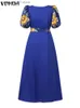 Grundlegende Freizeitkleider VONDA Böhmisches Sommerkleid 2023 Vintage Blumenmuster Kurze Puffärmel Maxi-Sommerkleid Damen Gürtel Lässiger Urlaub Lange Robe T231026