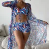 Kvinnors badkläder Kvinnor Floral Print Bikinis Set 2023 Sexig tre -stycken Beach Cover Up Push Summer Long Sleeve Twist Bathing Suit