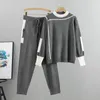 Women's Two Piece Pants Autumn Runway 2 Pieces Set Knitted Long Sleeve Pullovers Sweater Casual Patchwork Fashion Women Tops and Pants Suits Spring 231026