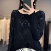 Kadın Sweaters Yüksek Kaliteli İçi Boş Out Örme Külot Kadınlar Elmas Ekose Yün Kazak Bahar Sonbahar Uzun Kollu Jumper Tığ Örgüsü