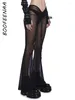 Damenhosen BOOFEENAA Kordelzug Niedrige Taille Flare Durchsichtige Mesh-Leggings Schwarz Y2k Für Frauen Gothic Punk Bottoms C85-BI17