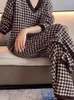 Women's Two Piece Pants Casual Knitting Set V-Neck Thousand Bird Checker Loose Sweater High Waist Wide Leg 2023 Fashion Clothing
