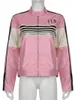 Dames Leer Kunstleer Roze PU-leren jassen Dames Herfst Opstaande kraag Lange mouw Letters Print Patchwork Jassen Y2K Street chic Mode Zip-up Tops 231026