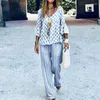 Women's Two Piece Pants Thin Fashion Print Women Track Suit Beachwear Summer V Neck Flare Sleeve Set Casual Loose Straight Long Outfits