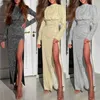 Basic Casual Dresses Sparkly Split Long Dress Women Long Sleeve Sexy Shiny Luxury Evening Prom Party Dresses Female Bodycon Maxi Dress Vestidos T231026