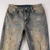 Jeans da uomo EU Drip Denim Baffi invecchiati blu chiaro Vestibilità slim Graffiti Fori danneggiati Stretch verniciato Strappato