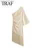 Vestidos casuais básicos TRAF feminino verão plissado vestido de um ombro moda franjas borda cintura alta assimétrica uma manga vestidos midi femininos T231026