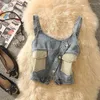Women's Vests Hmsevenjz 2023 Autumn Korean Fashion Denim Strap Tank Top Asymmetric Commuter Pocket Button Vest Female Clothing