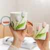 Mugs Threedimensional Relief Tulip Flower Ceramic Mug Ins Style Handpainted Design Sense Niche Couple Girl Heart Drinkware Gift 231026