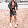 Tute da uomo Moda Uomo Set Estate 2021 Risvolto Stampa Camicie a maniche lunghe Pantaloni corti Casual Gioventù Slim Beach Suit Trend M322g